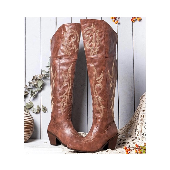 VOMIRA Knee High Cowboy Boots for Women Pointed Toe Chunky Cork Heel - Picture 7 of 7